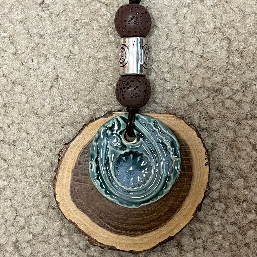 Hand Crafted Blue Pottery and Wood Pendant Necklace